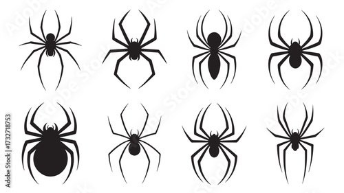 Set of spider silhouettes vector illustration of arachnids with different shapes isolated on white background