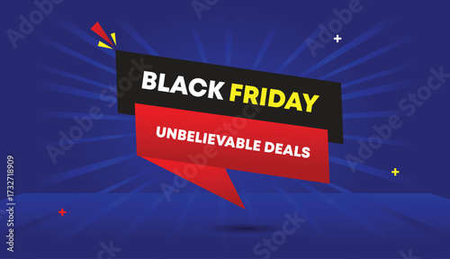 unbelievable deals black friday editable web banner vector art illustration template badge icon label black gray red shapes blue sun shine light dark business abstract background design modern deal