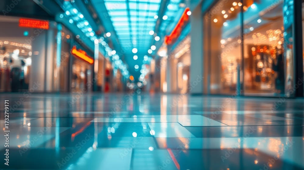 Fototapeta premium Modern shopping mall interior with polished floor reflecting vibrant lights, showcasing storefronts and a spacious atmosphere, inviting customers to explore retail options