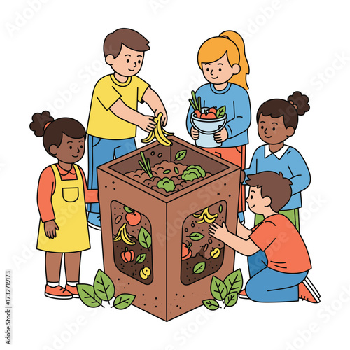 Diverse children learning about composting and recycling organic waste together