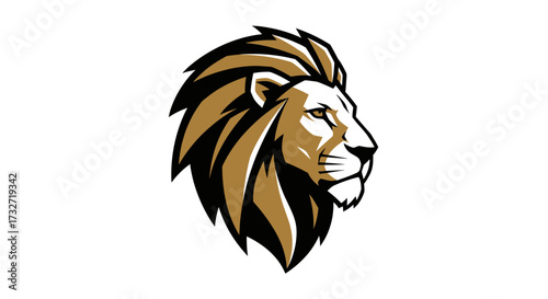 Side profile of a golden lion head with a majestic mane, depicted in a clean, stylized vector art style.