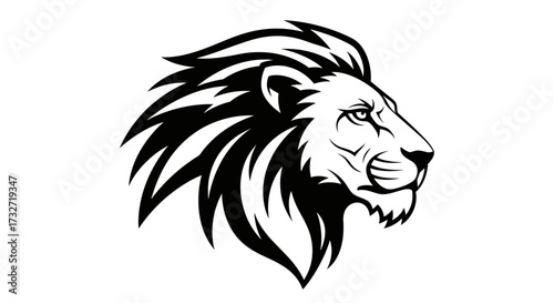 A stylized, black and white illustration of a lion's head in profile, facing right.