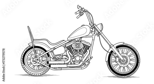 Line art illustration of a custom motorcycle with a high handlebar and detailed engine.