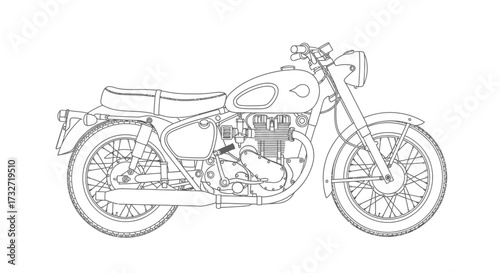 Line drawing of a vintage motorcycle, showcasing its classic design and mechanical components.