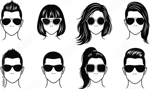 Stylish hairstyles illustration, trendy sunglasses fashion, modern male female portraits, black and white vector art, hipster style design, creative character icons