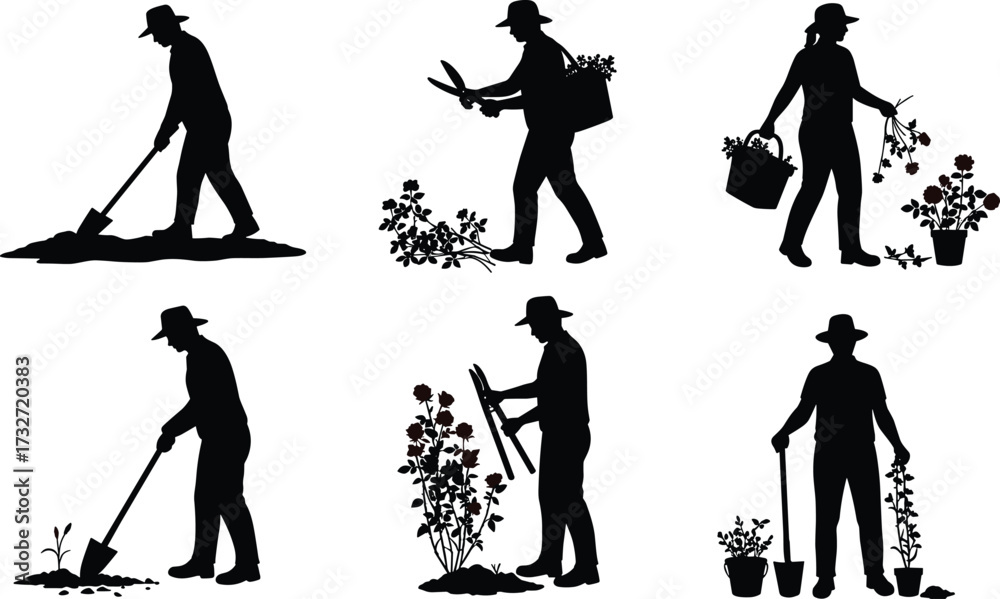 Obraz premium Collection of gardening silhouettes in various poses, including planting, pruning, and digging, a vector illustration for agriculture, hobby, and nature themes