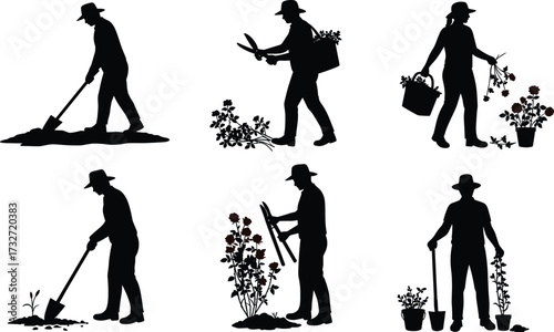 Collection of gardening silhouettes in various poses, including planting, pruning, and digging, a vector illustration for agriculture, hobby, and nature themes
