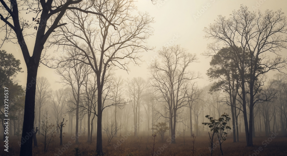 Fototapeta premium Misty forest with bare trees creating atmospheric fog between trunks during dawn. Ethereal woodland landscape with morning mist for nature meditation content