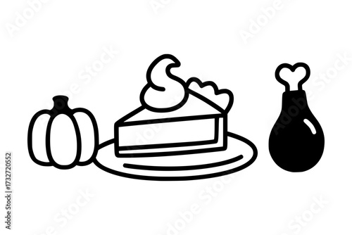Celebrate with a slice of pie, pumpkin, and turkey leg for Thanksgiving dinner icon set