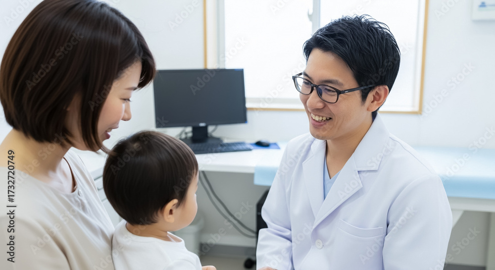 Fototapeta premium 小児科で診察を受ける赤ちゃんと母親