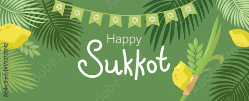 Happy Sukkot. Etrog, lulav, sukkah. Jewish holidays.