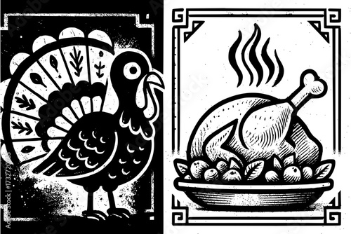 Festive Thanksgiving turkey illustration and a roasted bird on a platter ready to eat