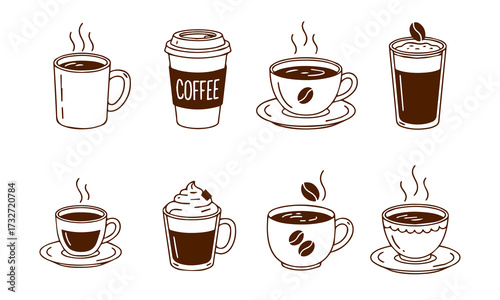 Coffee Icons Collection – 8 Stylized Beverage Illustrations in Brown Monochrome – Vector Set