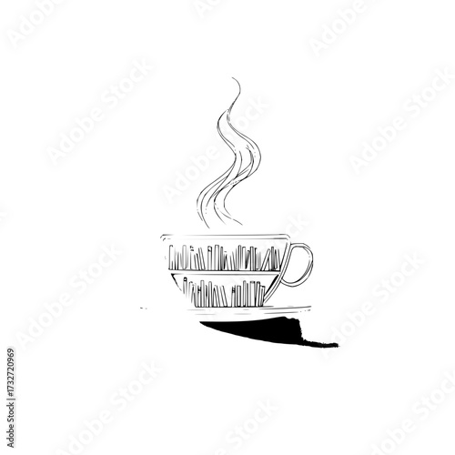 A steaming cup filled with books resting on a saucer with a shadow in black and white line art style