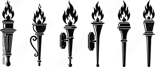 Medieval wall torch illustration, fantasy fire lamp design, antique flame holder, vintage wall sconce, decorative burning torch, ancient lighting element