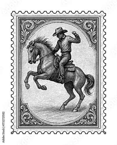 vintage postage stamp depicts a cowboy is riding a horse - wild west (sketch drawing style)