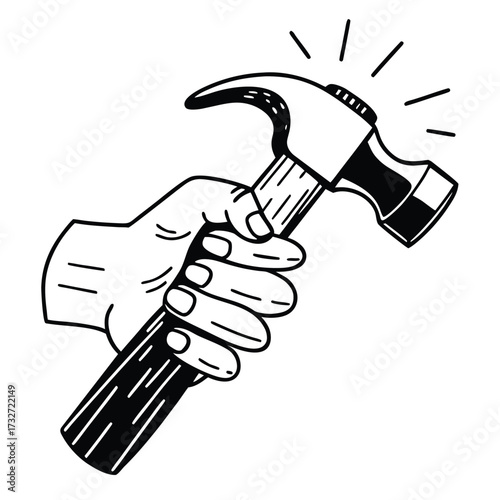 Hand holding a black and white claw hammer with radiating lines tool