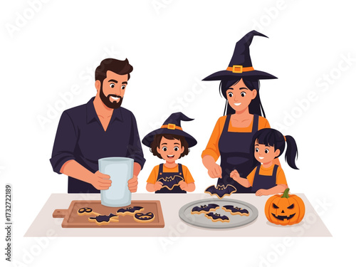 Spooky baking: A family gathers to bake Halloween-themed treats. The mother, father, and children share a fun, festive experience.
