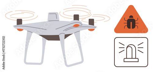 Flying quadcopter with warning signs indicating bug detection and alert beacon. Ideal for technology, cybersecurity, quadcopters, automation, safety, error diagnostics, system monitoring. Simple flat