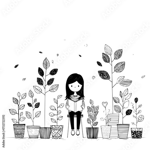 Illustration of a girl reading a book sitting on a stool surrounded by potted plants in black and white
