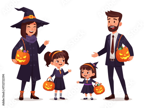Halloween Family Fun: An illustration captures a family, including two young girls, dressed in Halloween costumes, exuding joy. They are ready for trick-or-treating. 