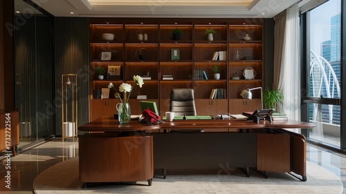 Luxurious executive office with modern wood desk and city view, embodying success and professional achievement.