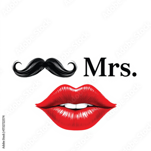 Mrs. Mustache and Lips Vector — Black and White Illustration with Red Lips, Masculine Symbol, and Bold Gender Juxtaposition