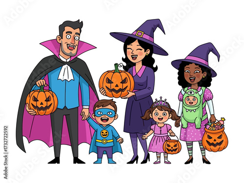Halloween Fun: A family in costumes eagerly anticipates the festivities, showcasing their creative costumes with the backdrop of the bewitching Halloween season.