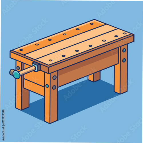 Isometric Wooden Workbench With Vise And Blue Background Keywords: workbench, table, wood, wooden, workshop