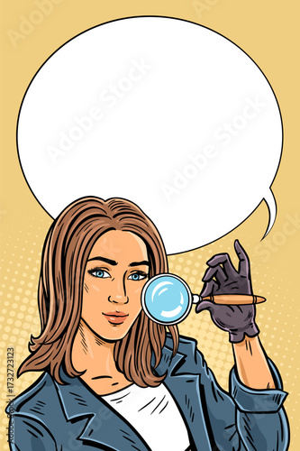 Female detective with magnifying glass — pop art poster
