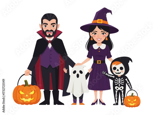Halloween Family Fun: A spooky family gathers on Halloween, with costumes including a vampire, witch, ghost, and skeleton, all set against a playful, colorful background.