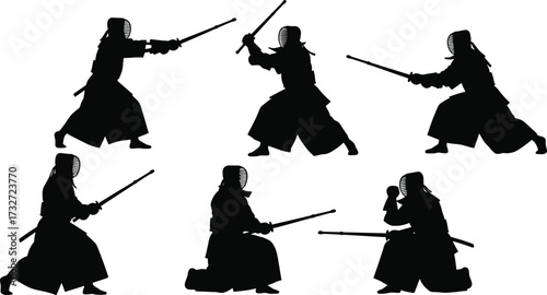 Collection of dynamic Kendo silhouettes in various poses, including sparring and ceremonial stances, a vector illustration for Japanese martial arts and culture