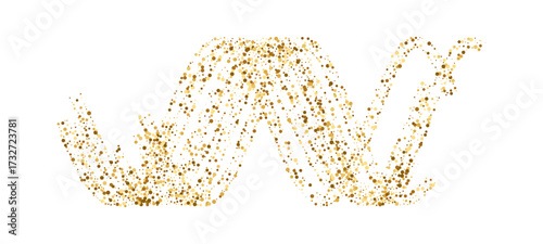 Gold liquid shimmer particle wave with glow. Abstract fluid flow elegant golden curved dashed gradient, dotted texture. Holiday shine for vector luxury design background, Christmas illustration