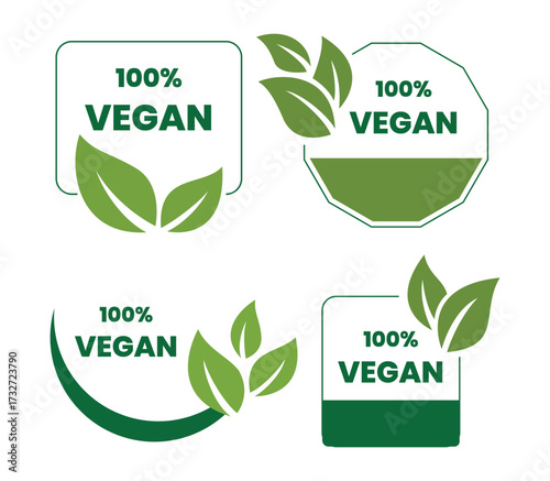 100% Vegan Label Set, 100% Vegan Icons, 100% Vegan Badge, Eco Friendly 100% Vegan Sticker, Organic Food Logo, Plant Based Symbol, Natural Product Label, Healthy Lifestyle Vegan Sign.