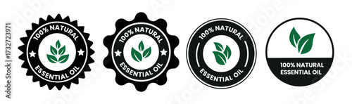 100% Natural Essential Oil Label Set, 100% Natural Essential Oil Badge, Logo, Sticker, Eco Label, Herbal Emblem, Organic Product Seal, 100% Natural Essential Oil Stamp, Vector Sign, Packaging Design.