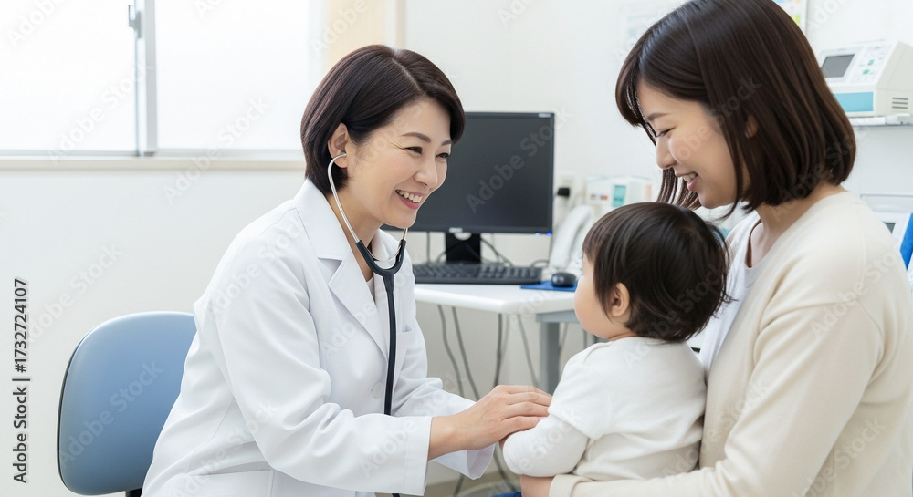 Fototapeta premium 小児科で医師から診察を受ける赤ちゃんと母親