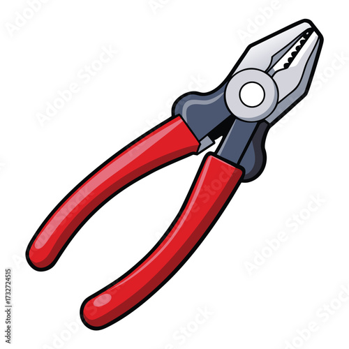 Red handled combination pliers with metal jaws and pivot on white background tool hand tool