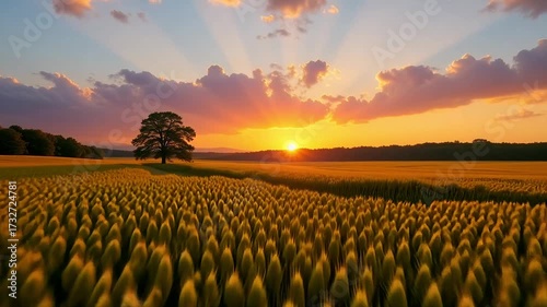 Golden wheat field basks in radiant sunset glow, lone tree stands majestically against vibrant sky