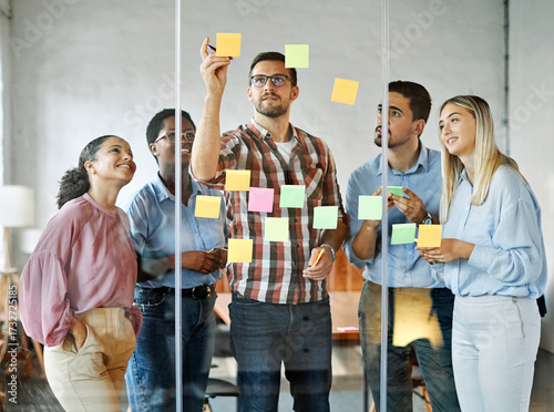 Canvastavla Business people meeting at office and using sticky notes on glass to share idea