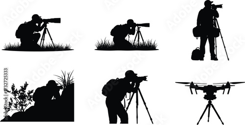 Silhouettes of diverse photographers and videographers in various poses, including using a drone, tripod, and camera, a vector illustration for creativity and technology themes