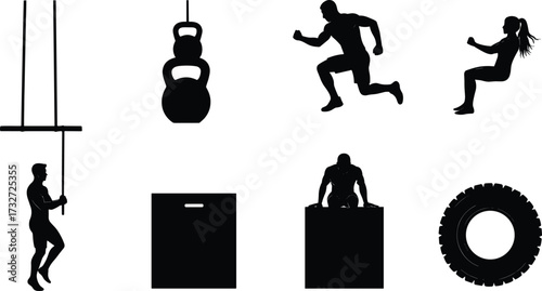 Silhouettes of fitness and CrossFit equipment with dynamic athletes performing exercises, including kettlebells, running, and a rope climb, on a white background