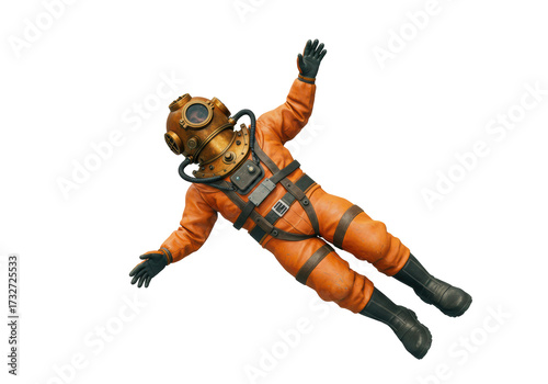 Isolated diver wearing a vintage suit with brass diving helmet and orange jumpsuit apparel