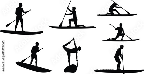 Collection of stand-up paddleboard silhouettes in various poses, including paddling, yoga, and balancing, a vector illustration for recreation and fitness