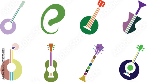 Collection of eight stylized musical instruments and a letter 'e' on a white background Keywords: musical instrument, music, guitar, banjo, ukulele, clarinet, string instrument, wind instrument