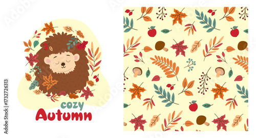 A cute hedgehog nestled peacefully among vibrant autumn leaves. This charming vector illustration captures the essence of autumn in a delightful design.
