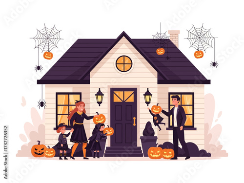 Halloween House: A family joyfully decorates their home with pumpkins and spiderwebs. The house sets a festive stage for a night of spooky fun and community celebration.