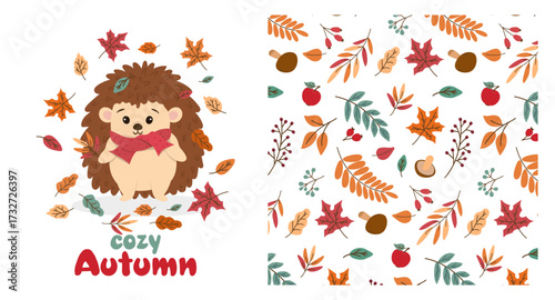 Vector illustration of a happy hedgehog in a cozy red scarf under colorful falling autumn leaves. This autumn leaf pattern is perfect for seasonal cards, decor, and fabric designs.