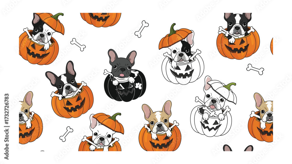 Fototapeta premium Halloween Puppies and Pumpkins: A festive Halloween-themed illustration, showcasing adorable puppies playfully peeking out of carved pumpkins, creating a whimsical and spirited scene.