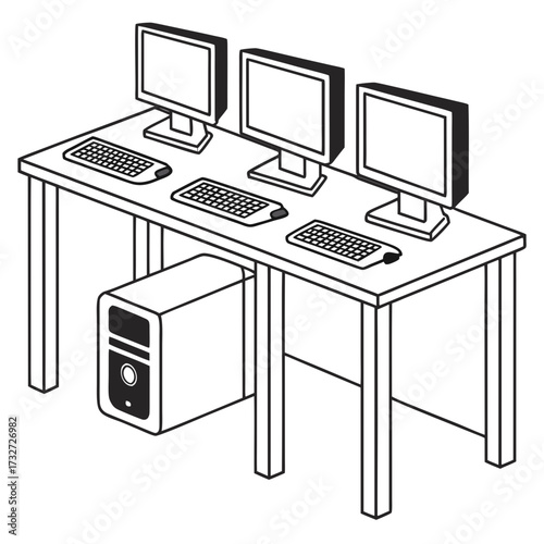 Three computer workstations with monitors keyboards and a tower unit on a desk