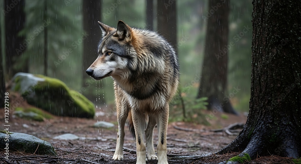 Obraz premium A majestic gray wolf stands amidst a misty, rainy forest, showcasing its impressive physique and alert posture.